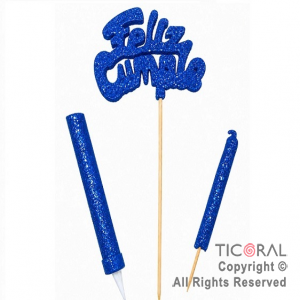 ADORNO DE TORTA SET FELIZ CUMPLE CON BENGALA Y VELA 9 CM GIBRE AZUL x 1